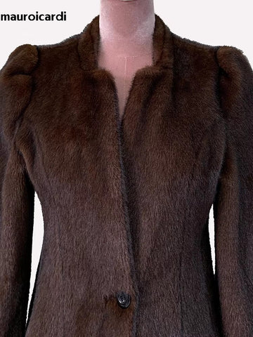 christmas outfit Sonicelife Autumn Winter Short Brown Warm Soft Fitted Faux Mink Fur Blazer Women Elegant Luxury Chic Skirted Fluffy Jacket Coat