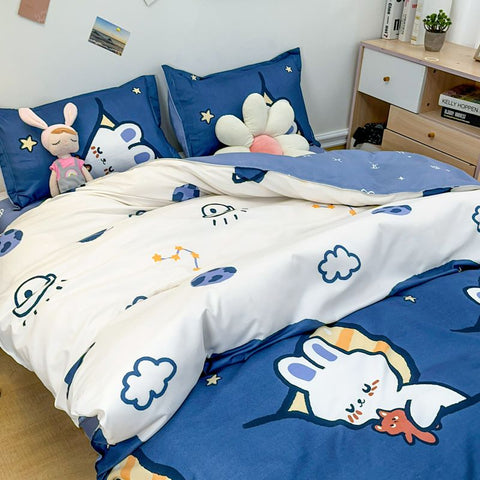 Sonicelife Cute Bear Bedding Set Girls Boys Kids Single Double Size Flat Sheet Duvet Cover Pillowcase Bed Linens White Blue Home Textile