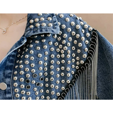 Sonicelife 2025 Autumn Streetwear Denim Jacket Women Hand-studded Rivet Tassel Chain Short Jeans Jacket Loose Vintage Casual Black Coats