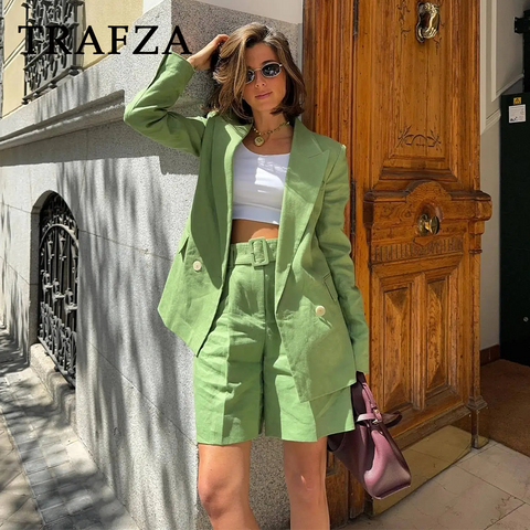 thanksgiving outfit Sonicelife 2024 Spring Summer Office Lady Solid Suits Fashion Streetwear Pockets Shrug Double Breasted Blazers+Zipper Sashes Shorts