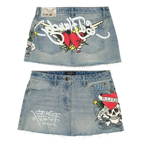 Sonicelife Womens Retro Blue Denim Short Skirt Punk High Waist Street Graffiti Print Harajuku Goth Hip Hop Letters Fashion Slim Mini Skirts