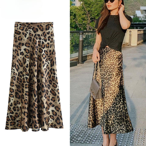 Sonicelife Ladies Leopard Print Women's Midi Skirt High Waist Stylish Long Skirts For Women Fall Vintage Satin Skirt Woman Elegant Skirts