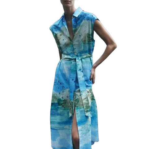 Sonicelife Women's Card Shoulder Printed Dress Shirt Style with Belt Versatile Commuter Style Midi Long Dress New