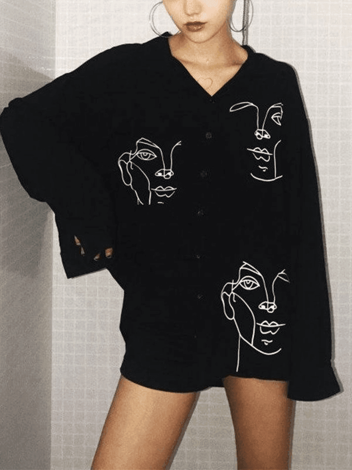 Sonicelife Abstract Face Print Long Sleeve Blouse