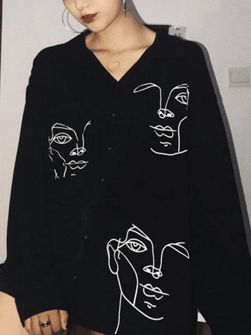 Sonicelife Abstract Face Print Long Sleeve Blouse