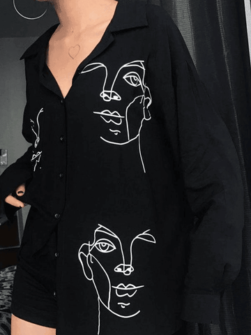 Sonicelife Abstract Face Print Long Sleeve Blouse