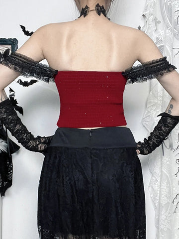 Sonicelife Christmas Dark Goth Red Vest Women Vintage Streetwear Y2k E-girl Cyber Punk Lace Chain Patchwork Crop Tank Tops Clubwear