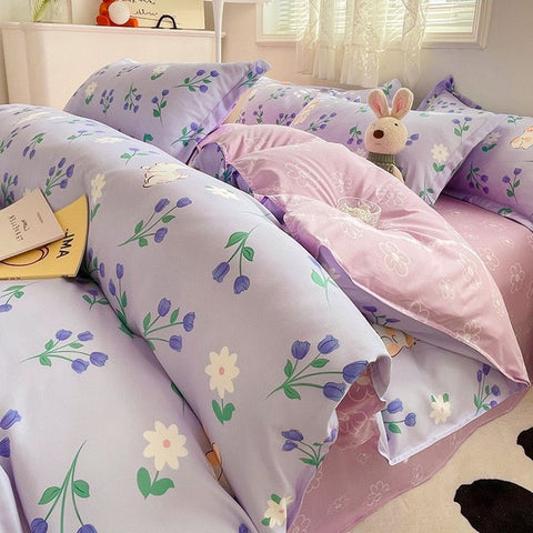 Sonicelife Flowers Rabbit Bedding Set Ins No Filler Single Queen Size Duvet Cover Flat Sheet Pillowcase Girls Boys New Comforter Duvet