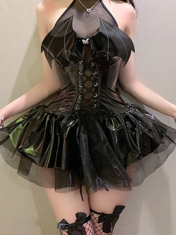 Sonicelife Sexy Cosplay Pu Dress Women Harajuku Streetwear Grunge Bandage Hollow Out Bats Dress Punk Y2k E-girl Mall Gothic Clothes