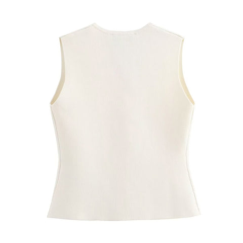 Sonicelife Women's V-Neck Knitted Sleeveless Vest Minimalist Style Top Gold Button Decoration Casual Versatile New
