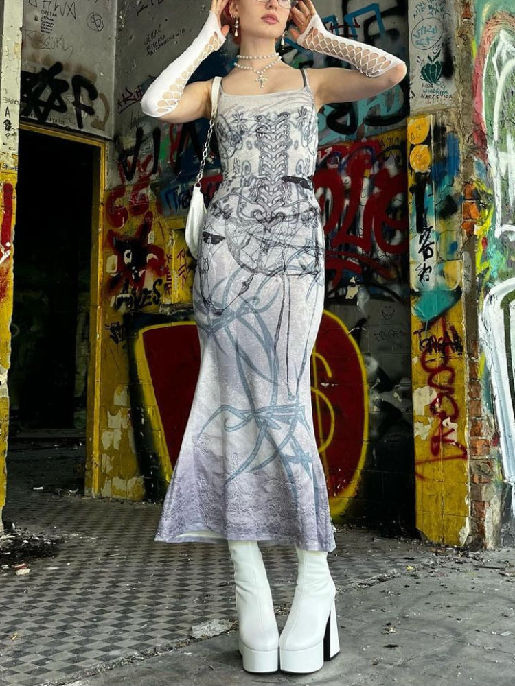 Sonicelife Vintage Gothic Dress Women Emo Alt Streetwear Y2k Butterfly Bone Printed Spaghetti Strap High Waist Bodycon Dress Female