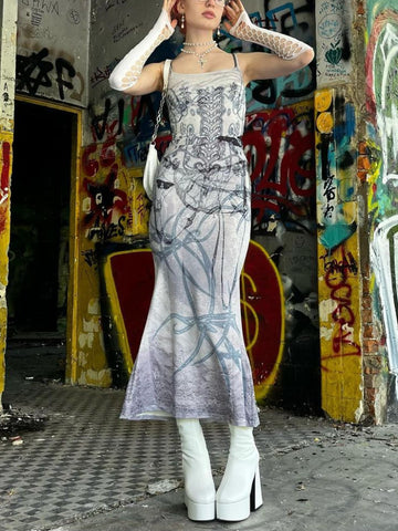 Sonicelife Vintage Gothic Dress Women Emo Alt Streetwear Y2k Butterfly Bone Printed Spaghetti Strap High Waist Bodycon Dress Female