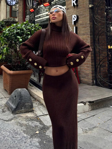 Sonicelife Women Elegant Sweater Skirt Sets High Collar Button Knitted Loose Pullover High Waist Skirts Suits 2 Pieces Female All-match Set