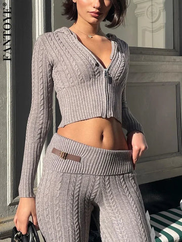 christmas outfit Sonicelife Knitted Long Sleeve Zipper Hooded Women Two Piece Sets Thicken Sweater Skinny Long Pant Suit Solid Casual Sweatshirt