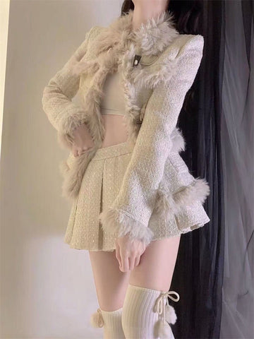 Sonicelife 2025 Spring Faux Fur Korean Fashion Suit Woman Knitted Sweater Set Warm Casual Tops + Slim Bodycon Y2k Mini Skirtm Female Chic