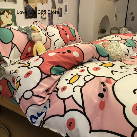 Sonicelife Ins Pink Cute Duck Cartoon Fruit Printed Bedding Set Soft Queen King Size Flat Bed Sheet Quilt Cover Pillowcase Kawaii