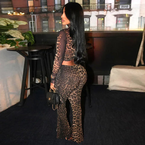 Sonicelife Y2k Sexy Women 2 Piece Leopard Printed Mesh Shirts Tops Leopard Pants Sets Long Sleeve Crop Shirts Flare Pants Two Piece Outfits