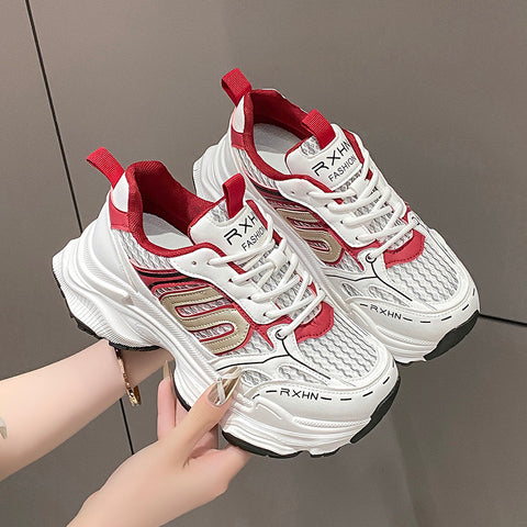 Sonicelife European Style Thick Bottom Casual Sports Shoes Trendy Color Block Fashionable Red Increased Height Flats Rubber Upper Material