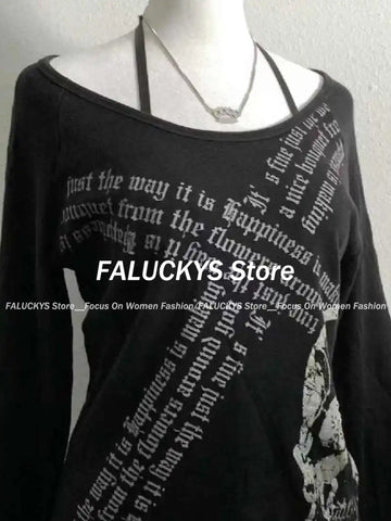 Sonicelife Vintage Gothic Streetwear T-shirt Woman Y2k Tops Harajuku Punk Japanese Tees O-neck Long Sleeve Camisetas Letter Print Tops New