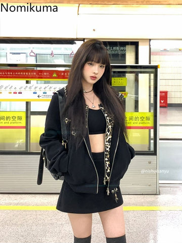 Sonicelife Fake Two Hoodies Coat 2025 Women Clothing Patchwork Leopard Print Hooded Sweatshirts Y2k Tops Streetwear Casual Fashion Hoodie