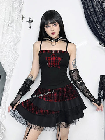 Sonicelife Streetwear Y2k Camis Women Aesthetic Mall Goth Red Plaid Pentagram Patchwork Crop Tank Tops Harajuku Cyber Punk Clothes
