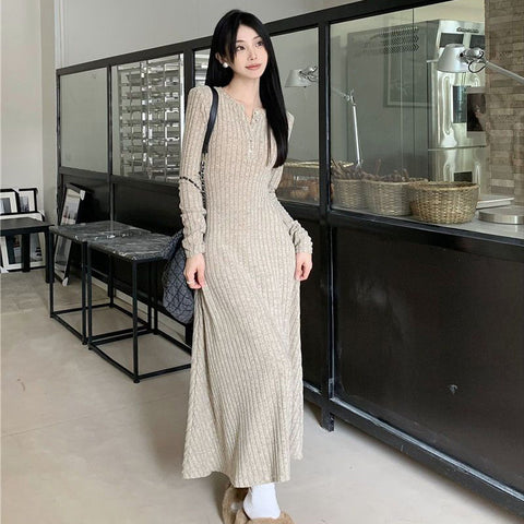 Sonicelife Vintage Long Sleeve Dresses Women Elegant Slim Knitted Basic Long Dresses Autumn Winter New Warm All Match Female Base Vestidos