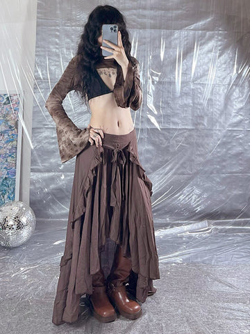 Sonicelife Vintage Y2k Irregular Skirt Women Streetwear Pastel Goth High Waist Lace-up Skirt Harajuku Cyber Punk Grunge Clothes