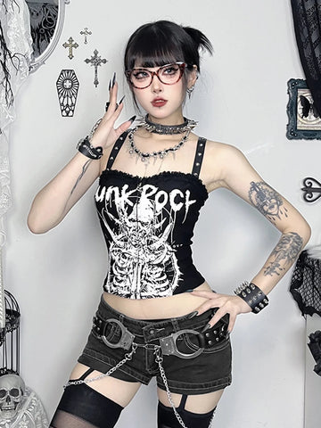 Sonicelife Y2k Cyber Punk Camisole Women Dark Gothic Streetwear Harajuku Grunge Printed Rivets Lace Patchwork Zip-up Crop Ank Tops