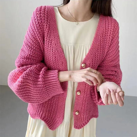 Sonicelife Lazy Wind Women Sweet Cardigan Korean Loose Long Sleeve Casual Knitted Coats Vintage V Neck Oversize Rose Color Cardigan