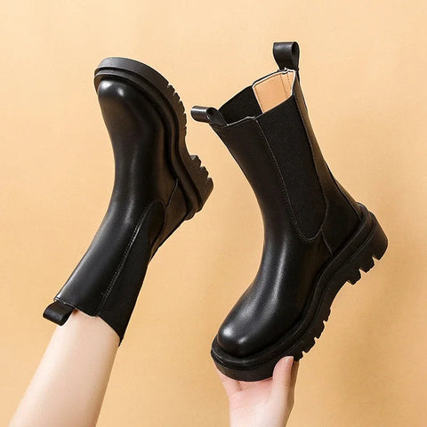 Sonicelife Women Chelsea Boots Spring New Black Mid Ankle Flat Platform Lady Shoes Female All Match Classic Concise Fashion Round Toe Shoes