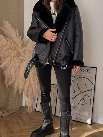 christmas outfit Sonicelife Fur Faux Leather Lapel Women Jacket Coat Loose Long Sleeve Thick Warm Coats Vintage Lambswool Female Locomotive Tops