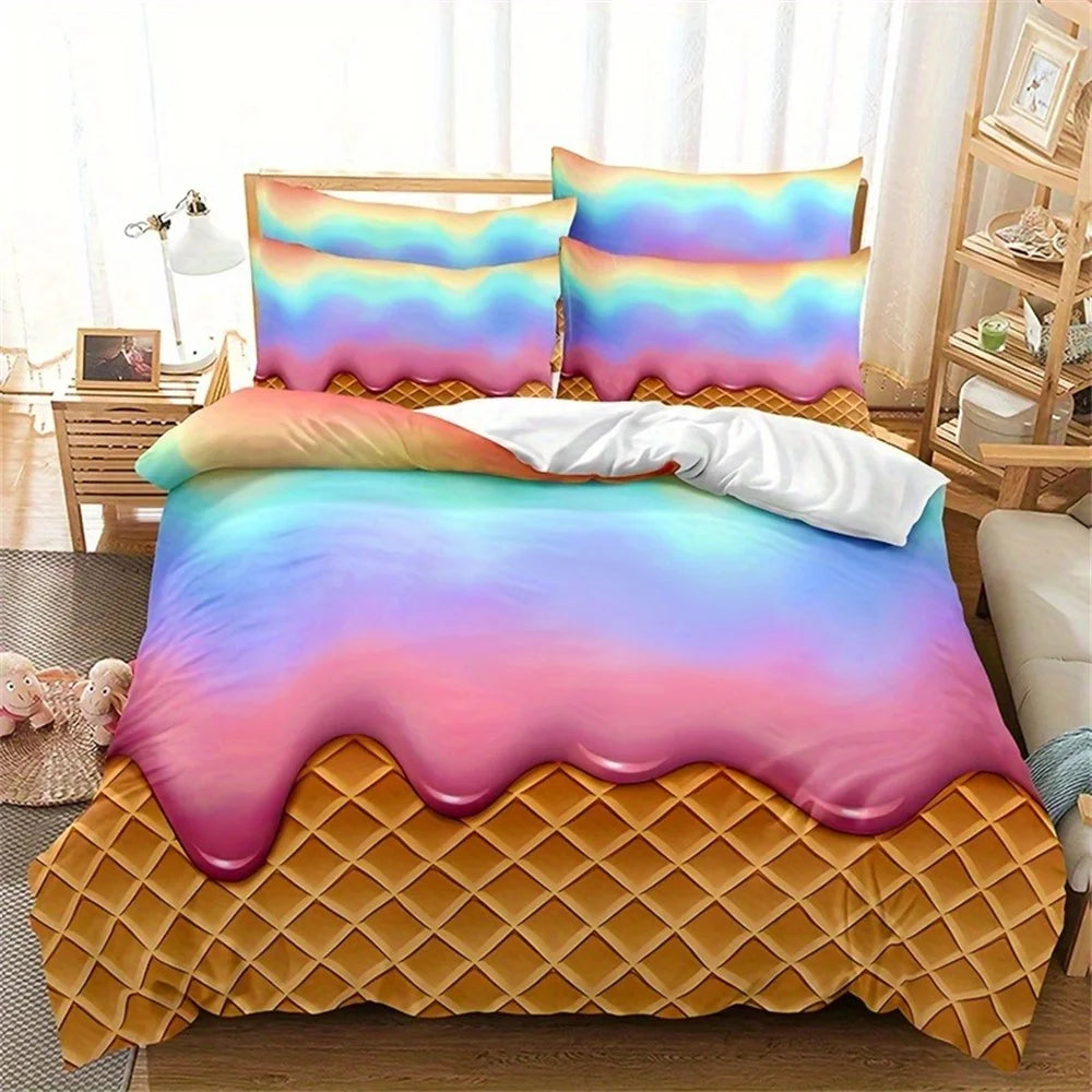 Sonicelife 3pcs Vibrant Rainbow Ice Cream Wafer Cone Duvet Cover Set - Soft, Breathable, and Comfortable Bedding for Bedroom, Dormitory