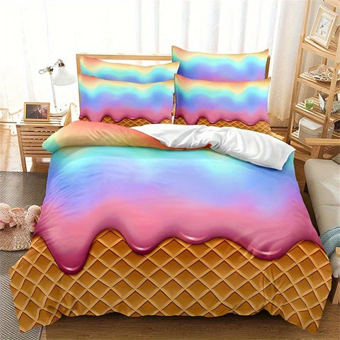 Sonicelife 3pcs Vibrant Rainbow Ice Cream Wafer Cone Duvet Cover Set - Soft, Breathable, and Comfortable Bedding for Bedroom, Dormitory