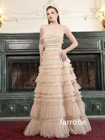 Sonicelife Customized Retro Net Pleat Tiered A-line Strapless Long Dresses Evening Dresses Classic Exquisite Modern Style Pastrol Unisex Ch (PRE-ORDER)