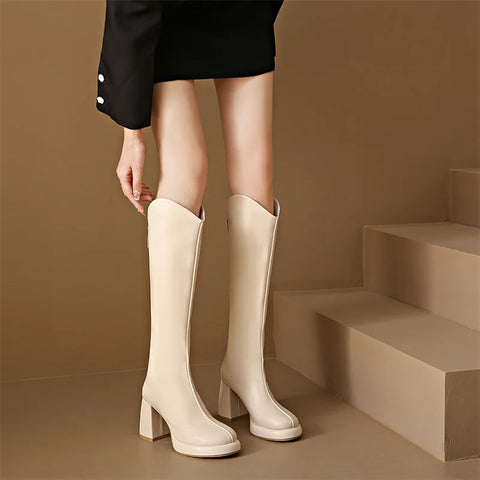 Sonicelife Women Knee High Boots 3cm Platform 8cm High Heels Square Mid Heels White Boots Lady Fetish Stripper Booties Leather Zipper Shoes