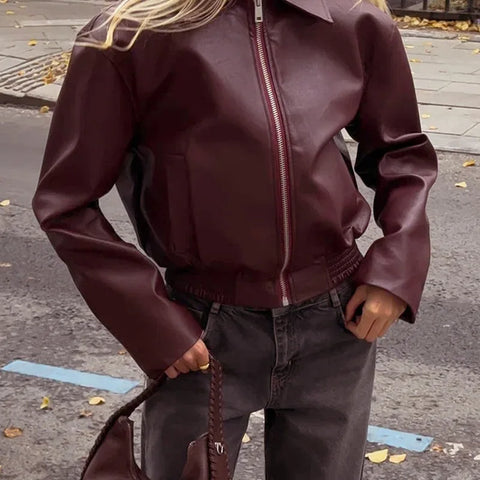 Sonicelife Women Angola Red PU Leather Zipper Jacket Coat Windbreaker WineRed Faux Leather Lapel Jacket Outerwear Motorcycle Y2K 90s Street