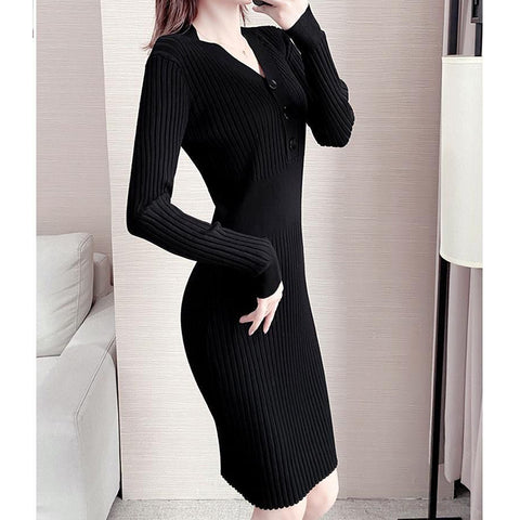 Black Friday Sonicelife Knit Dress Women Elegant Korean Autumn Winter Long Sleeve V-Neck Button Slim Skirt Fashion Stretch Sweater Office Lady Dress