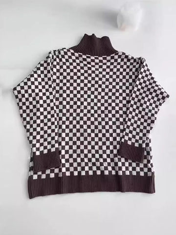 christmas outfit Sonicelife Long Sleeves Loose Contrast Color Plaid High Neck Pullovers Sweater Tops