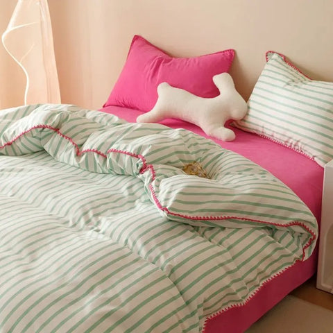 Sonicelife Ins Nordic Duvet Cover Set Quilt Set Korean Style Striped Bed Sheet Set For Girls Bedding Set For Bedroom