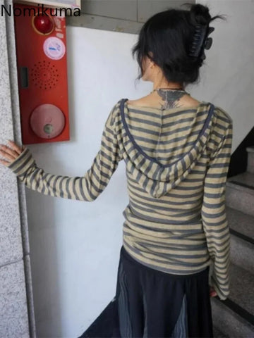 Sonicelife 2025 Women Clothes Striped Fashion Hoodies Korean Long Sleeve Hooded Sweatshirt Casual Tees Vintage Hoodie Goth Y2k Tops