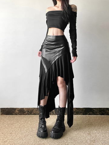 Sonicelife Harajuku Cyber Punk Skirt Women Dark Academia Gothic Streetwear New Fashion Y2k Irregular Pu Patchwork High Waist Skirt