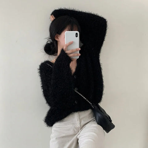 christmas outfit Sonicelife Korean V-neck Soft Mink Cashmere Cardigan Coat Women Long Sleeve Single Breasted Sweater Jacket Autumn Winter New Knitwear