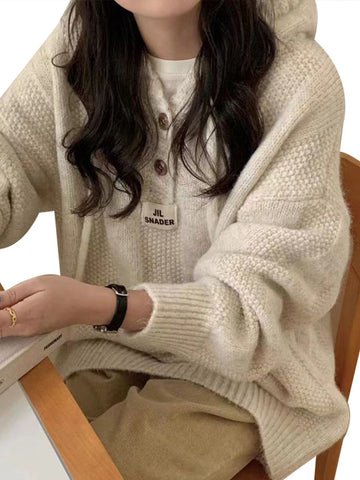 Black Friday Sonicelife Korean Loose Solid Hooded Sweater Women Casual Knitted Buttons Soft Pullover Sweaters Female Autumn Chic Daily Warm Streetwear