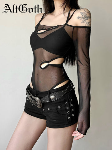 Sonicelife Sexy Emo Alt Bodysuit Women Streetwear Dark Goth See Through Hollow Out Long Sleeve Onesie Y2k Cyber Punk Indie Clothes