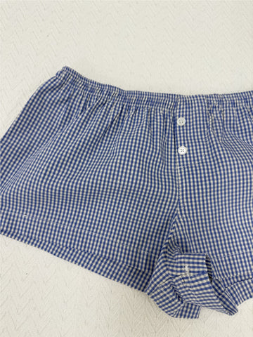 Sonicelife Blue Plaid Back Strap Tank Shorts Pajama Set Women Sleeveless Crop Top+Elastic Waist Straight Short Pant Sweet Home 2 Piece Sets