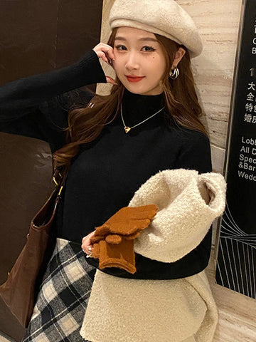 Black Friday Sonicelife Korean Solid Plush Turtleneck Sweaters Women Casual Slim Fit Thick Pullover Sweater Female Winter Fashion Warm Simple Tops