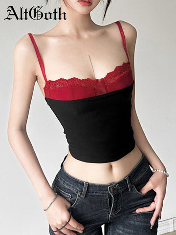 Sonicelife Gothic Dark Y2k Camis Women Streetwear Harajuku Grunge Emo Alternative Hotsweet Red Lace Patchwork Crop Tank Tops Female