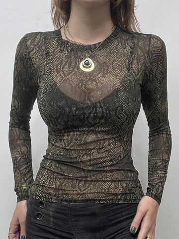 Sonicelife Sheer Snake Print Mesh Long Sleeve Top