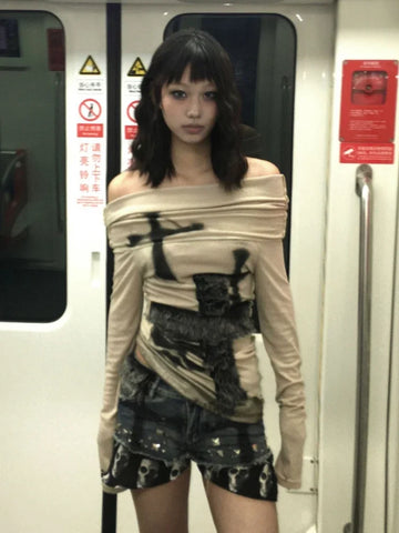 Sonicelife Y2k Subculture Fur Patchwork Sexy T Shirt Harajuku Punk Skull  Print Slash Neck Tops Streetwear Off Shoulder Fairy Vintage Tees