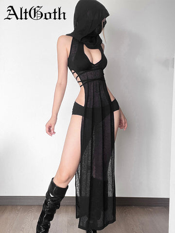 Sonicelife Coquette Dark Gothic Sexy Dress Women Vintage Y2k Cyberpunk See Through Cut Out Split High Waist Knitted Hooded Dress